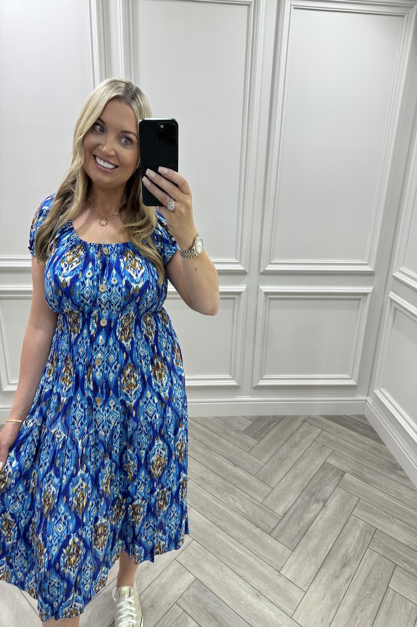 Blue Celeste Shirred Midi Dress