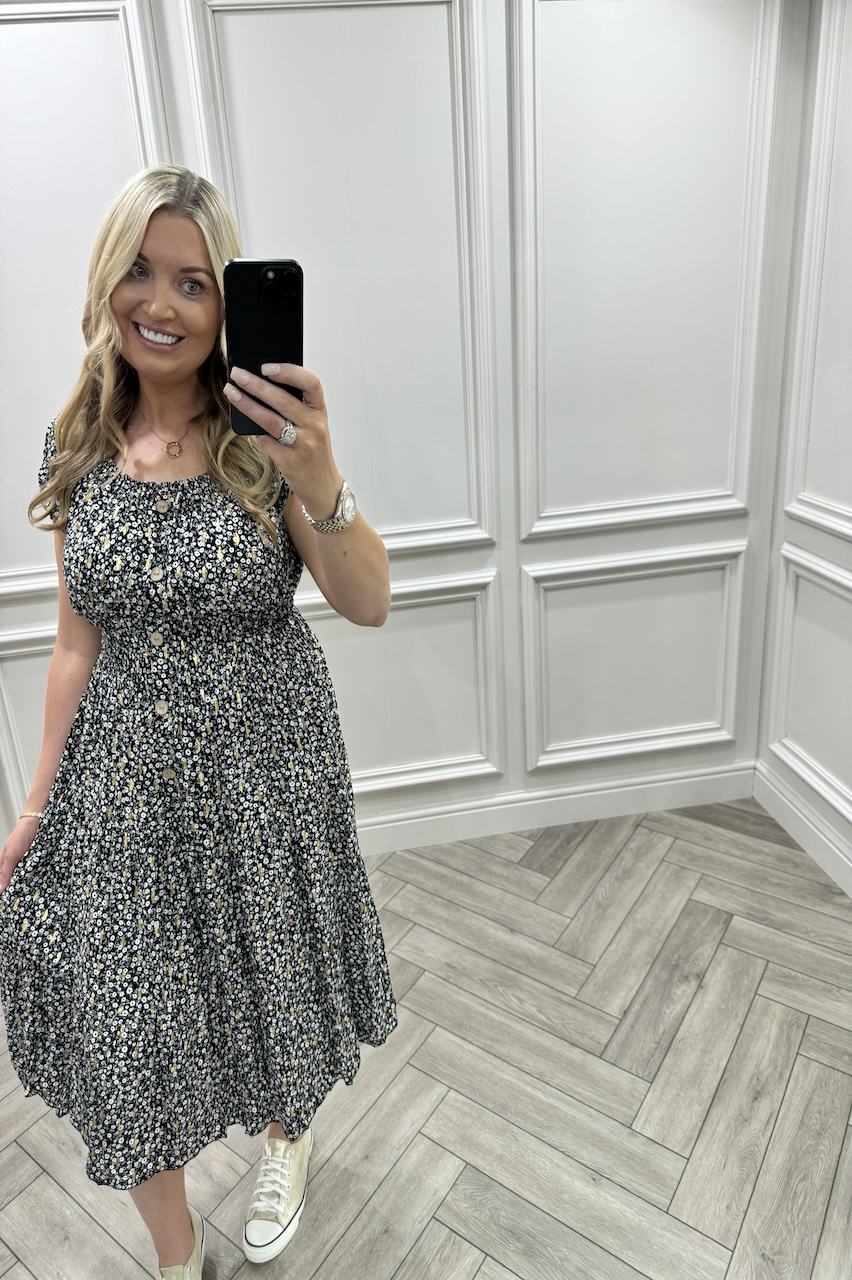 Sophie Black Floral  Shirred Maxi Dress 
