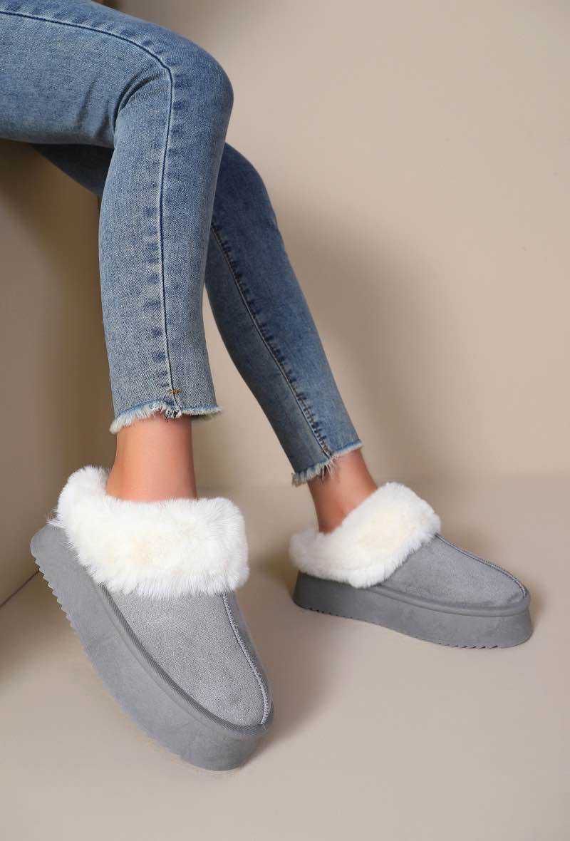 Grey Luxury Cosy Mules With Faux fur Lining