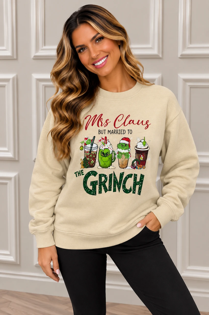 Beige Mrs Claus But Married To The Grinch Christmas Sweatshirt 