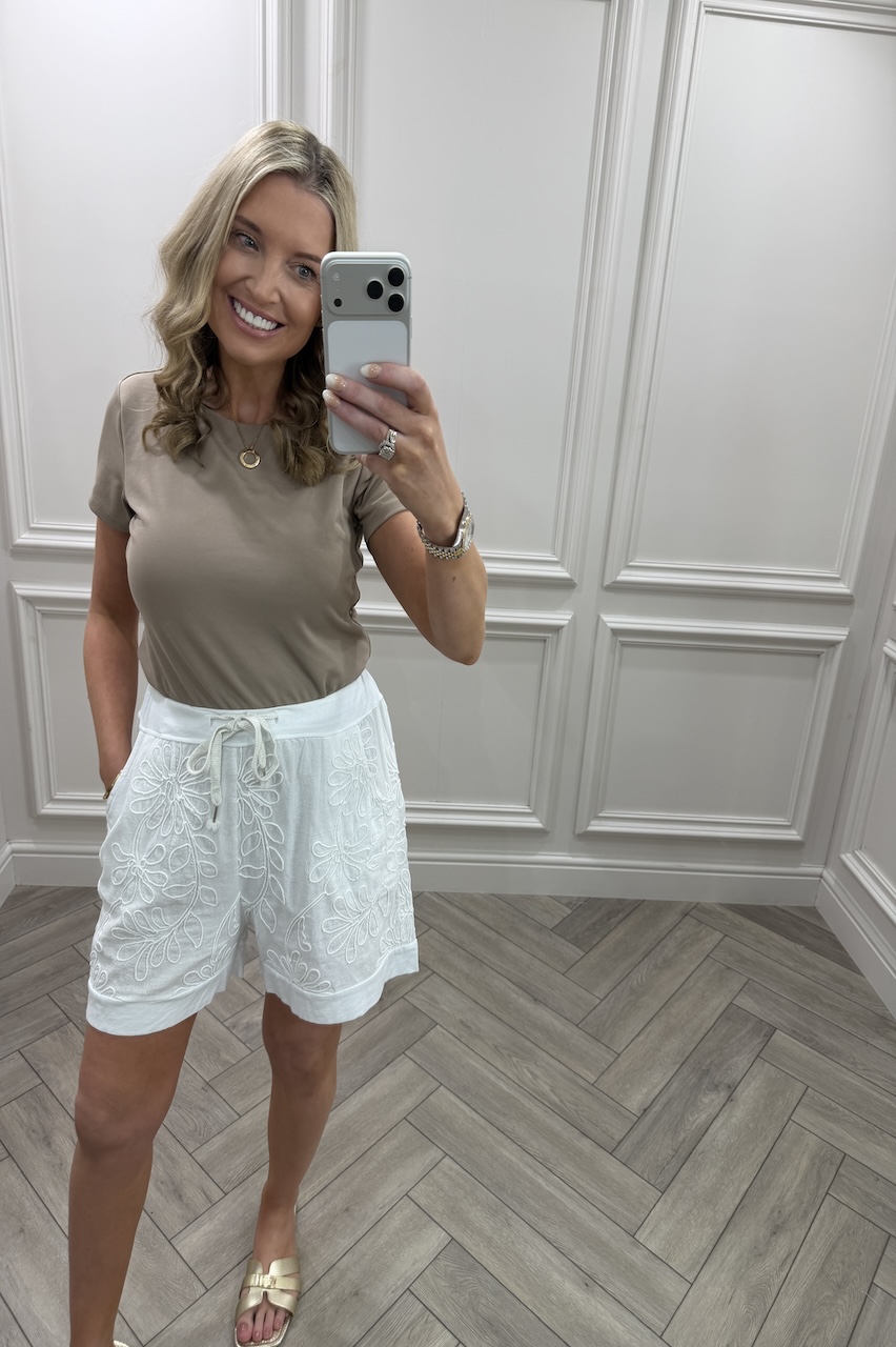 White Vacay Embroidered Cotton Shorts 