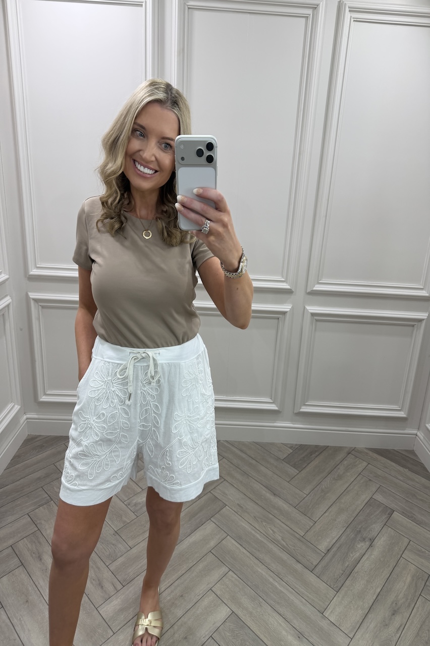 White Vacay Embroidered Cotton Shorts 