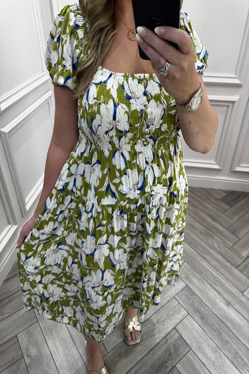 Khaki Phoebe Floral Shirred Midi Dress