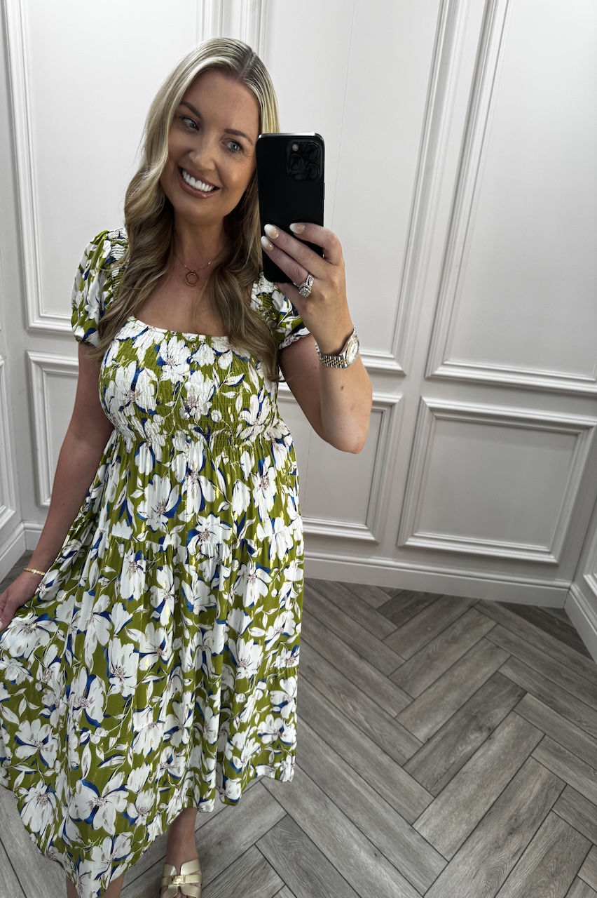 Khaki Phoebe Floral Shirred Midi Dress