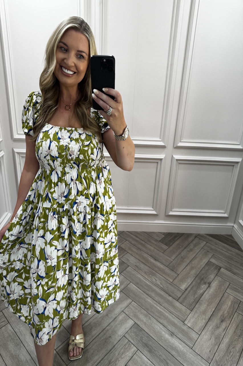 Khaki Phoebe Floral Shirred Midi Dress