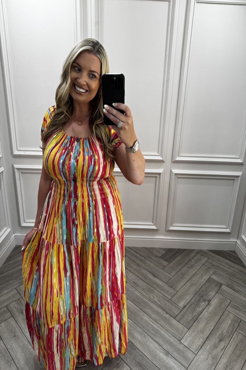 Pink & Yellow Mila Shirred Maxi Dress