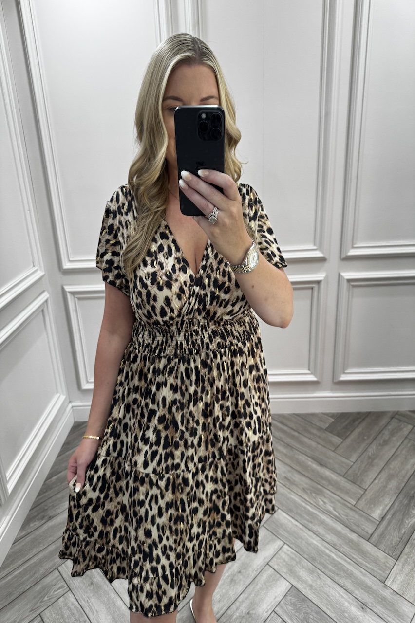 Brown Leopard Lottie Shirred Midi Dress