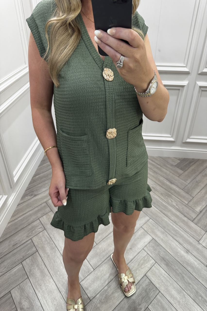 Khaki Ivy Gold Button Detail Short Set 