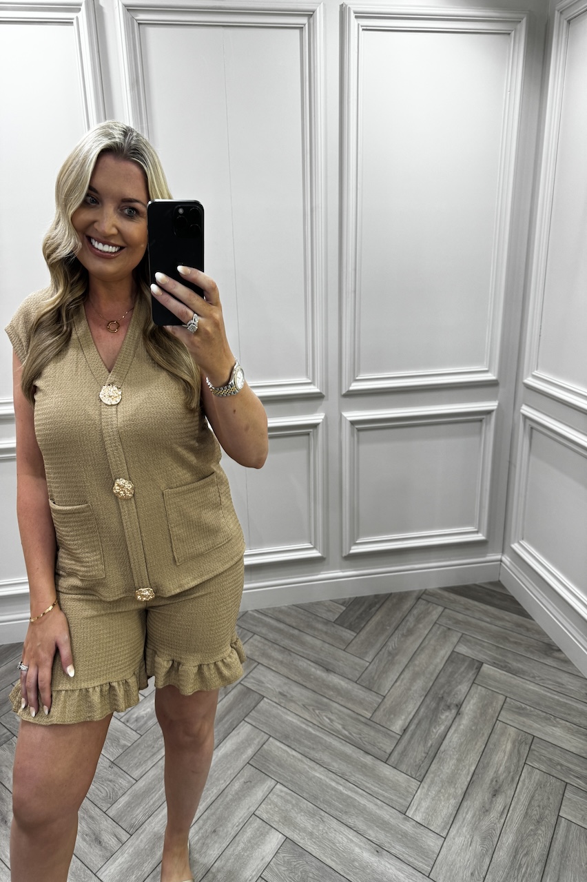 Tan Ivy Gold Button Detail Short Set 