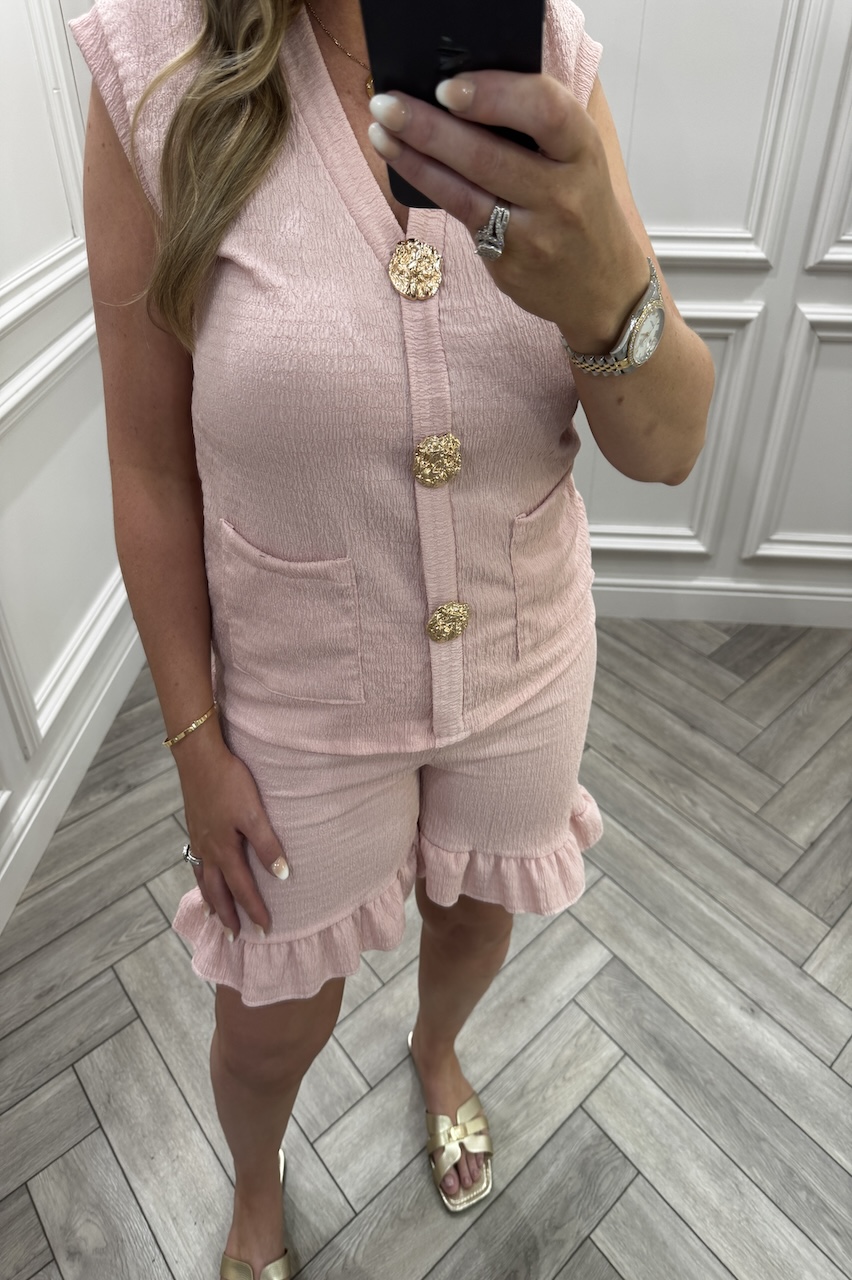 Dusky Pink Ivy Gold Button Detail Short Set 