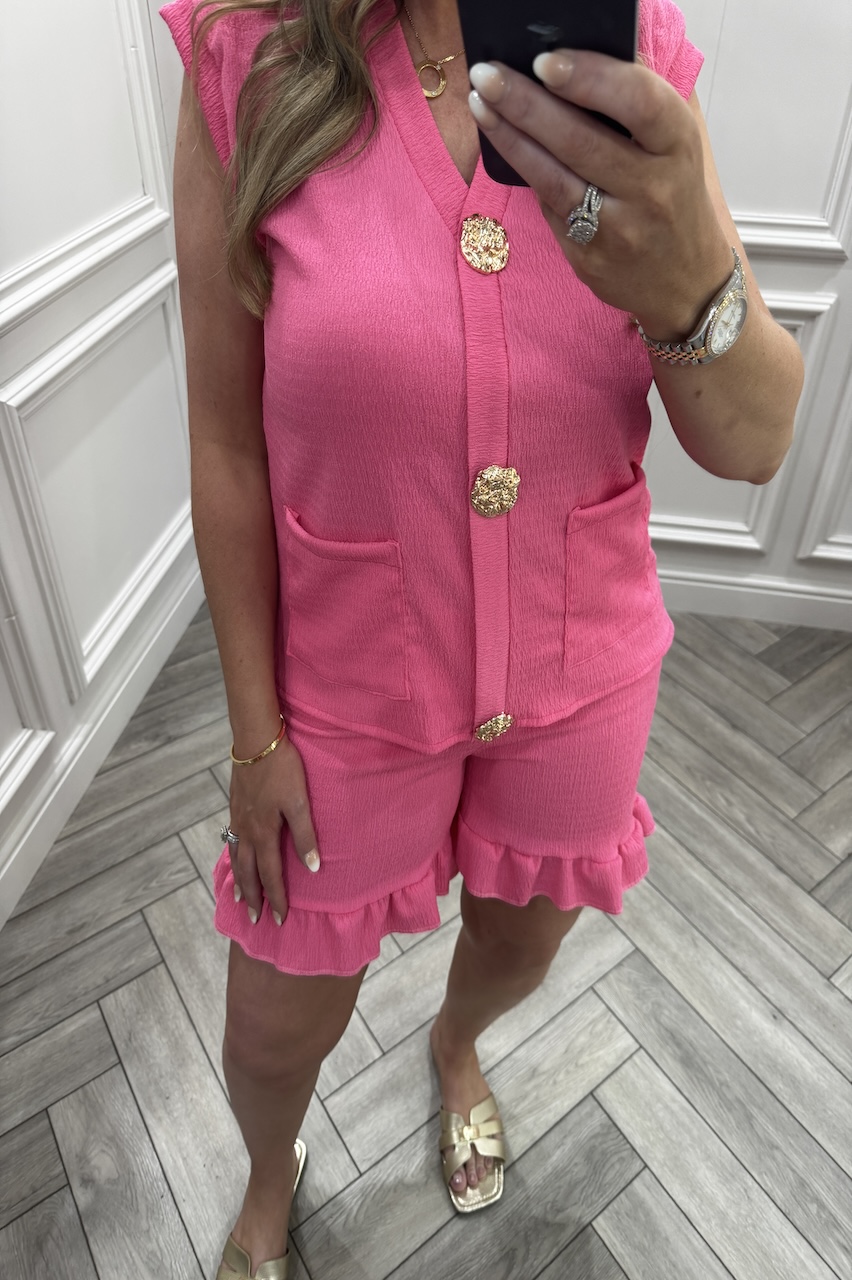 Magenta Pink Ivy Gold Button Detail Short Set 
