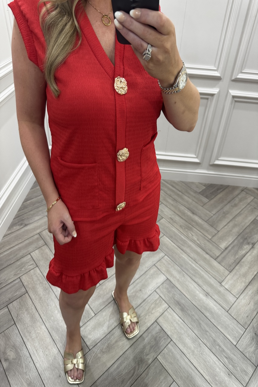 Red Ivy Gold Button Detail Short Set 