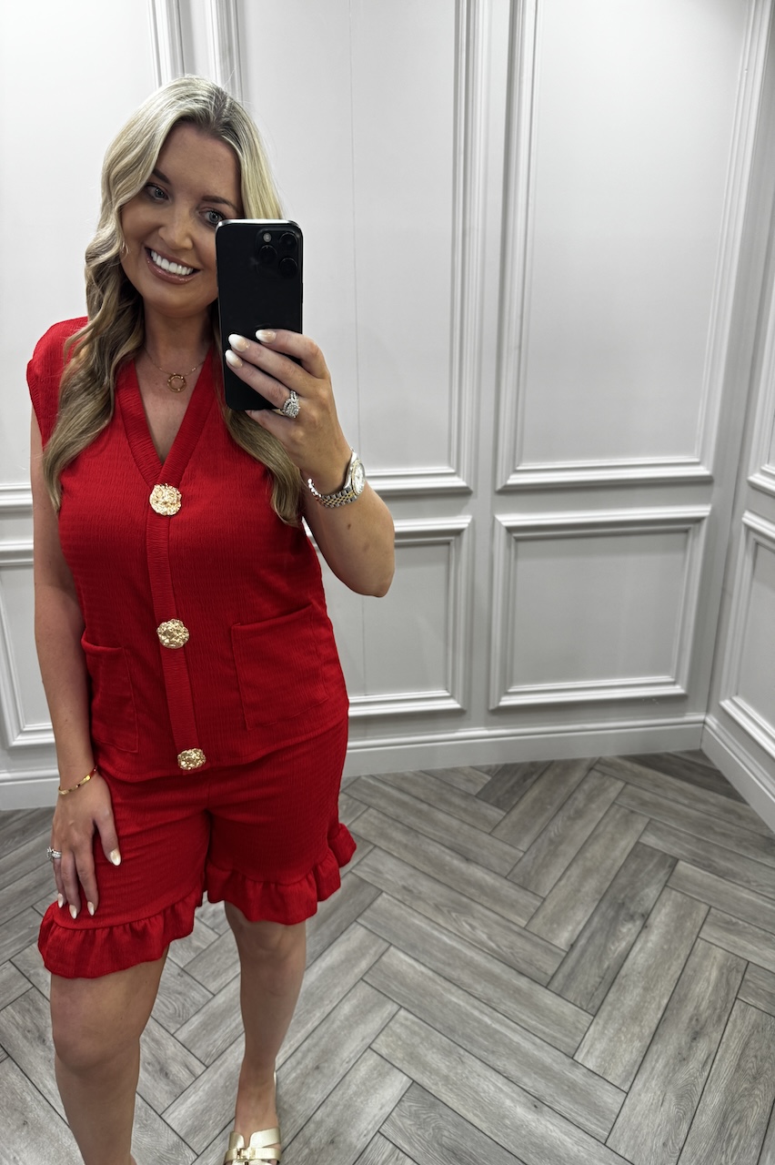 Red Ivy Gold Button Detail Short Set 
