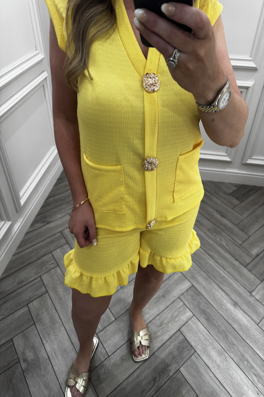 Yellow Ivy Gold Button Detail Short Set 