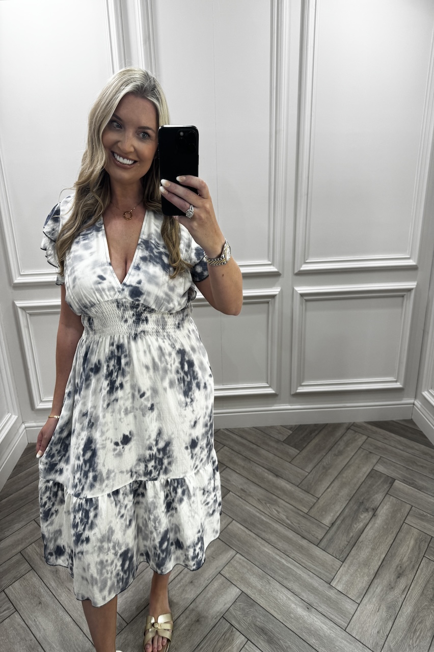 Navy Abigail Shirred Midi Dress
