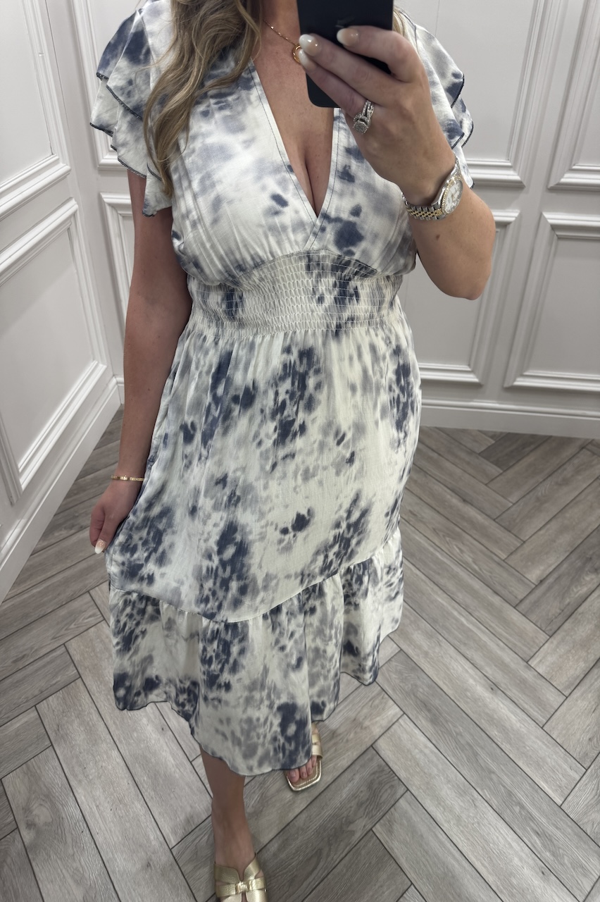 Navy Abigail Shirred Midi Dress