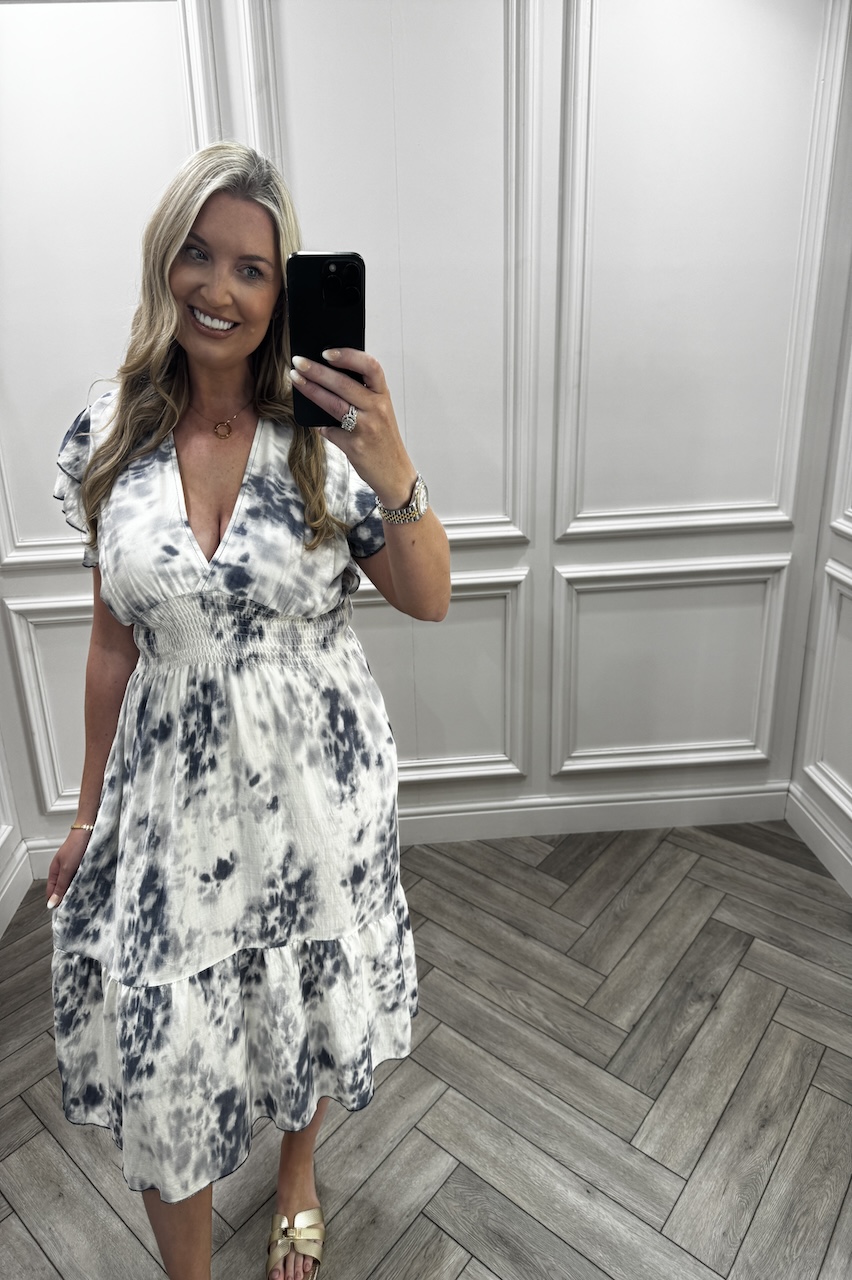 Navy Abigail Shirred Midi Dress