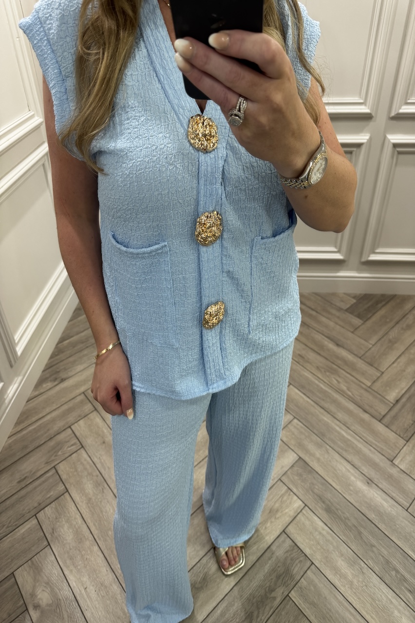 Sky Blue Zoey Gold Button Trouser Set