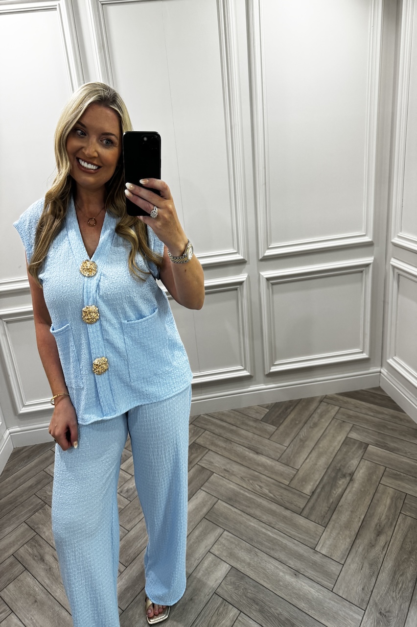 Sky Blue Zoey Gold Button Trouser Set