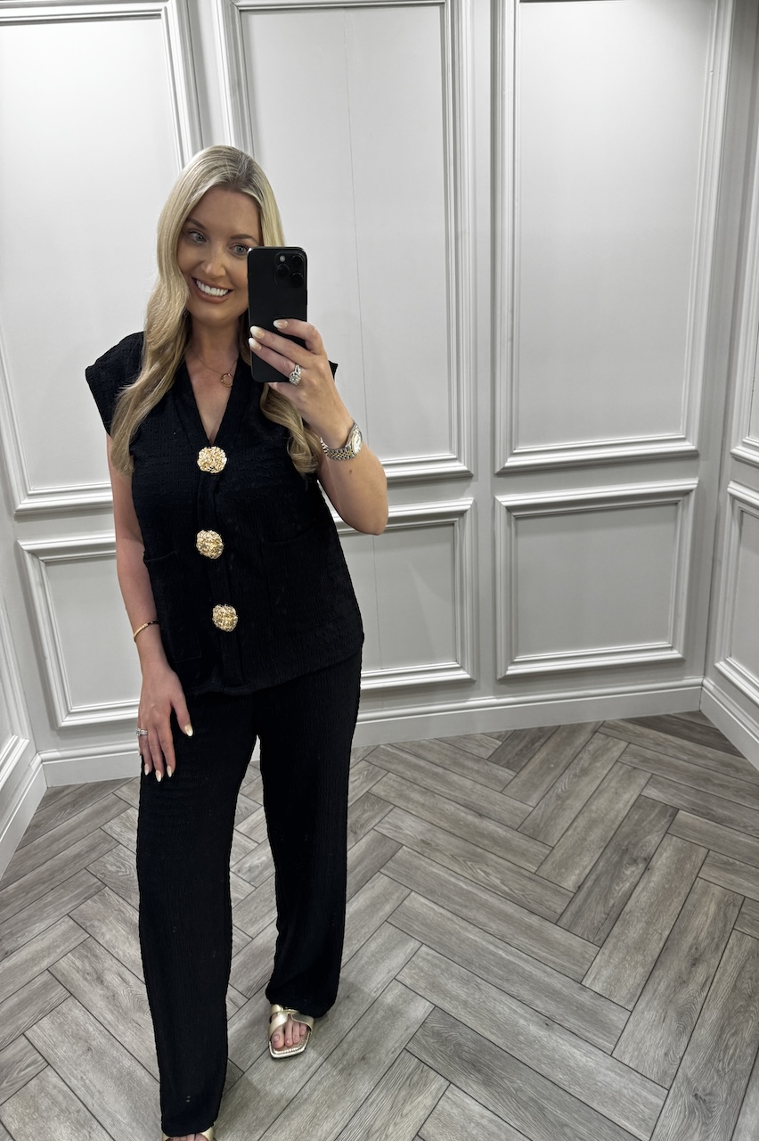 Black Zoey Gold Button Trouser Set