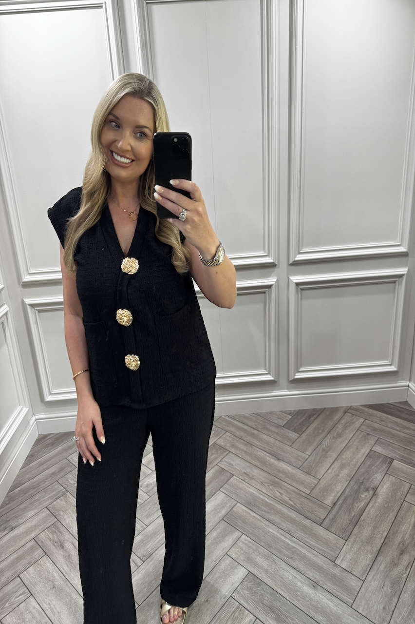 Black Zoey Gold Button Trouser Set
