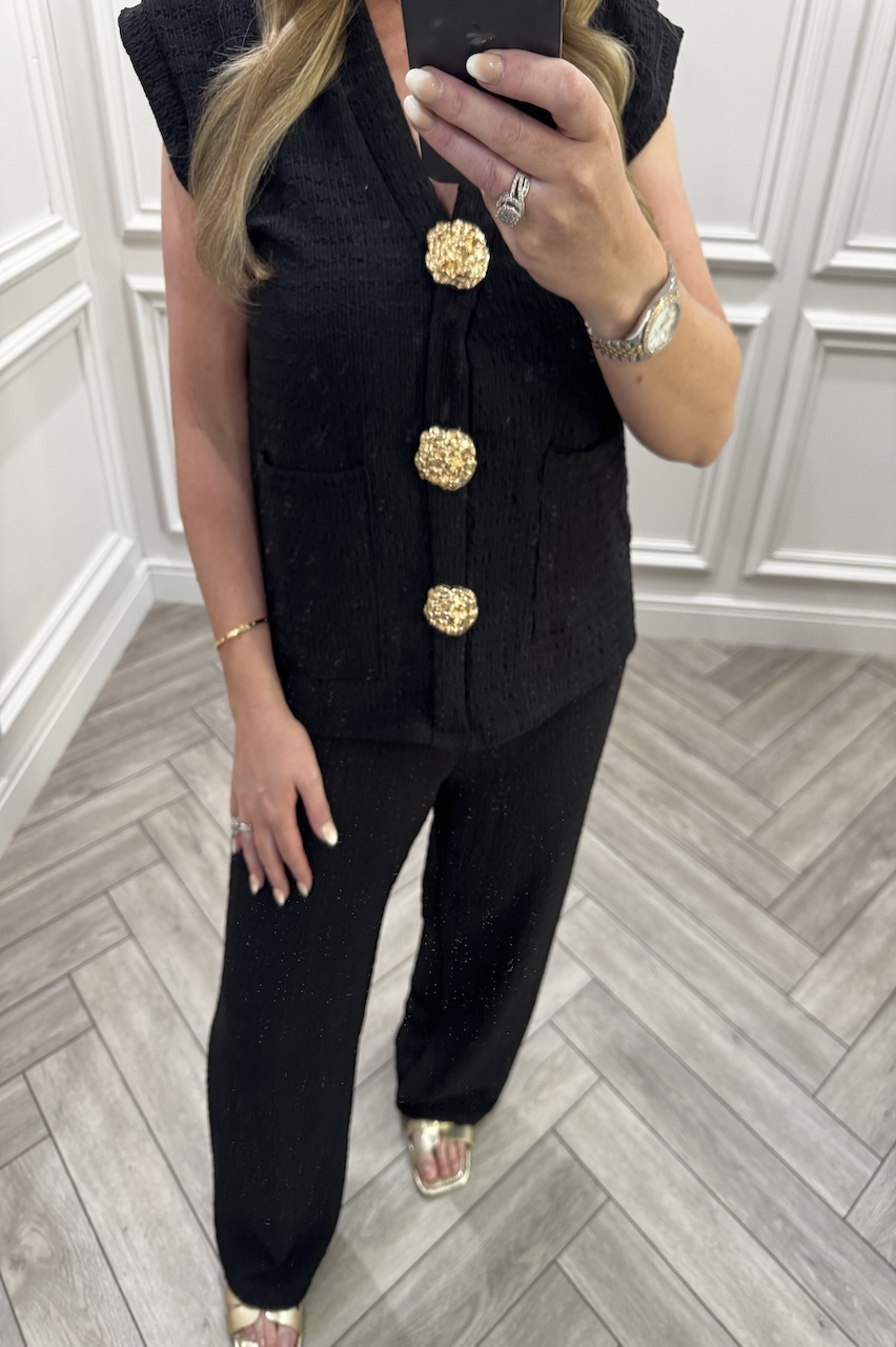Black Zoey Gold Button Trouser Set