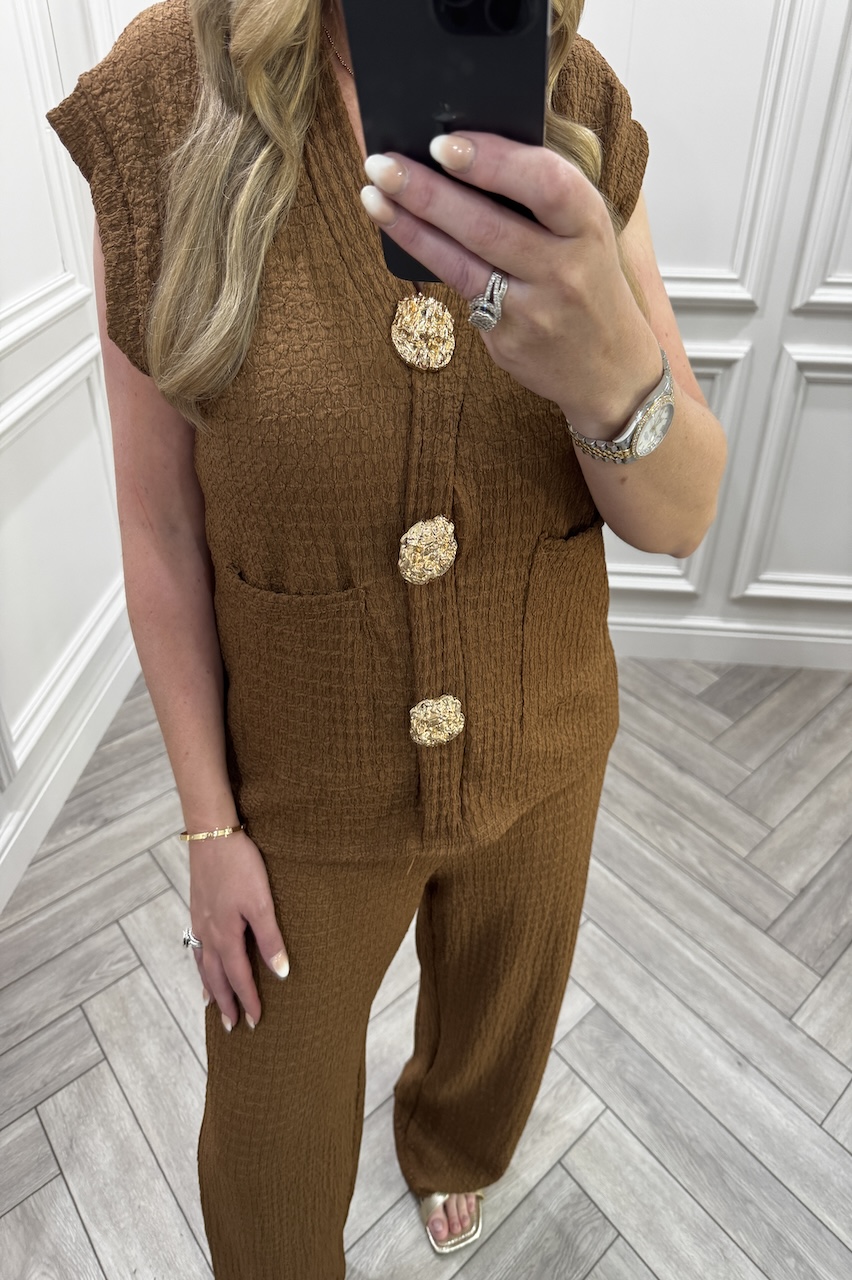 Brown Zoey Gold Button Trouser Set
