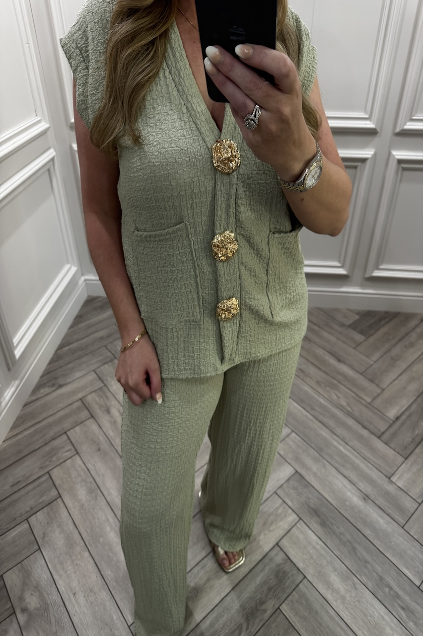 Sage Zoey Gold Button Trouser Set