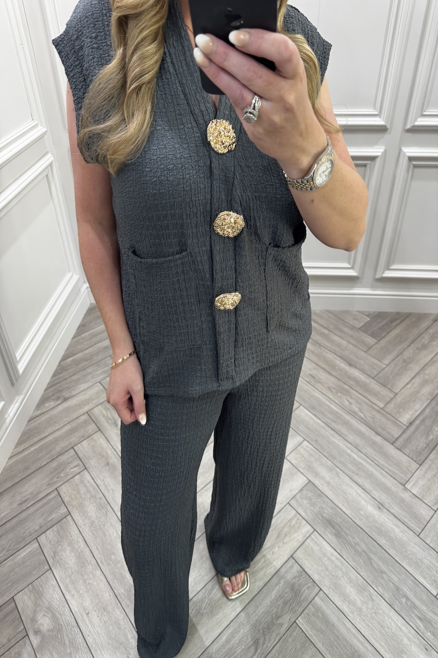 Charcoal Zoey Gold Button Trouser Set