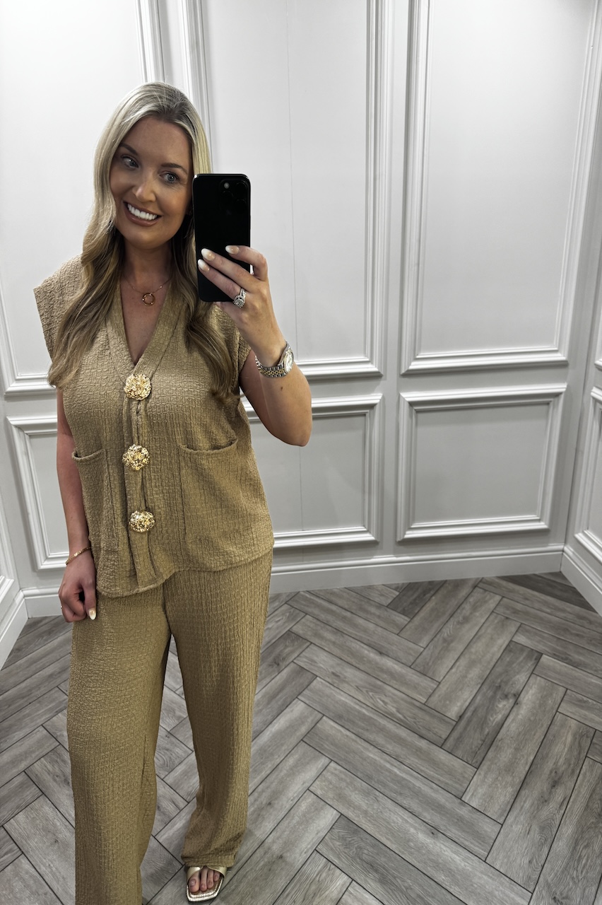 Tan Zoey Gold Button Trouser Set