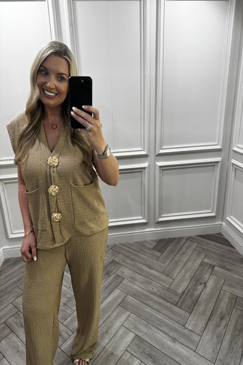 Tan Zoey Gold Button Trouser Set