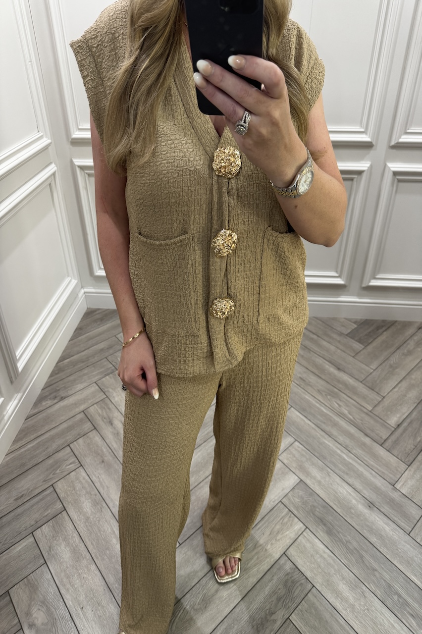 Tan Zoey Gold Button Trouser Set