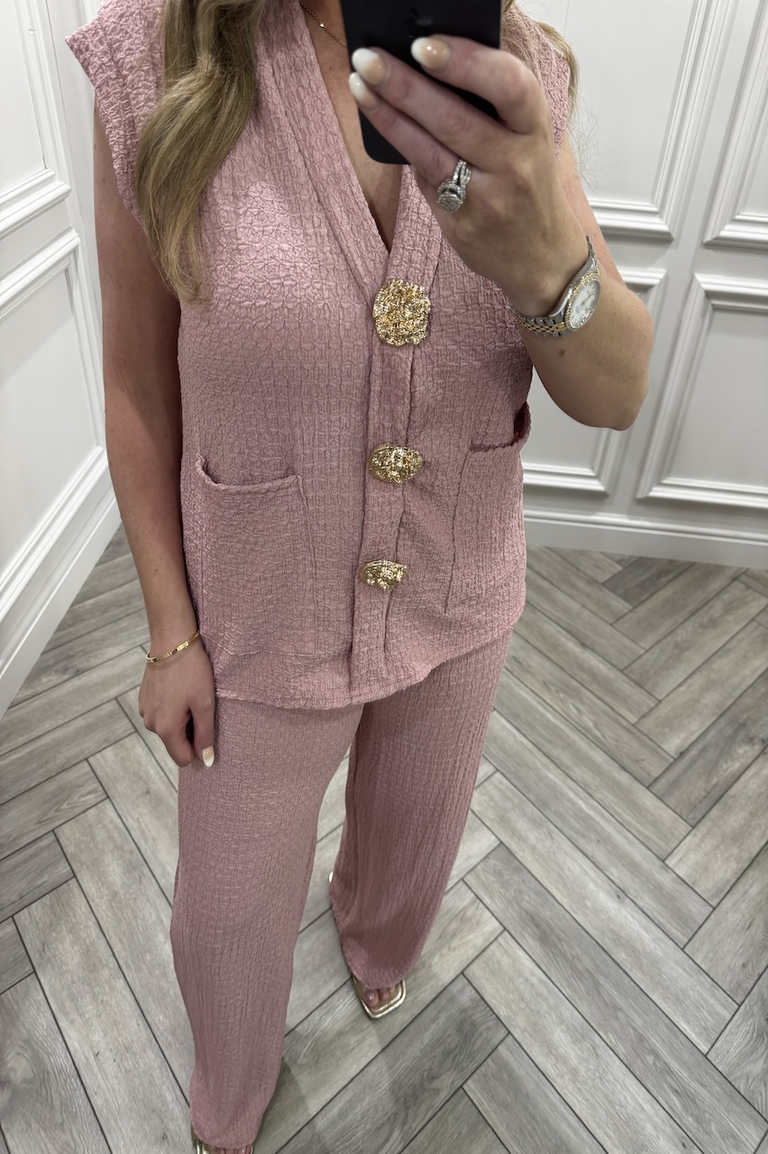 Dusky Pink Zoey Gold Button Trouser Set