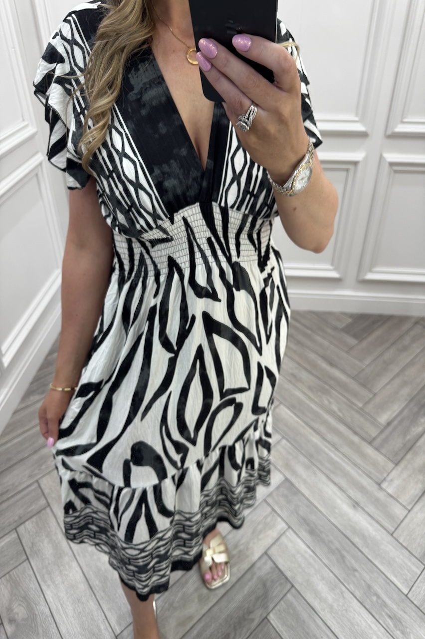 Darcie Black Shirred Midi Dress