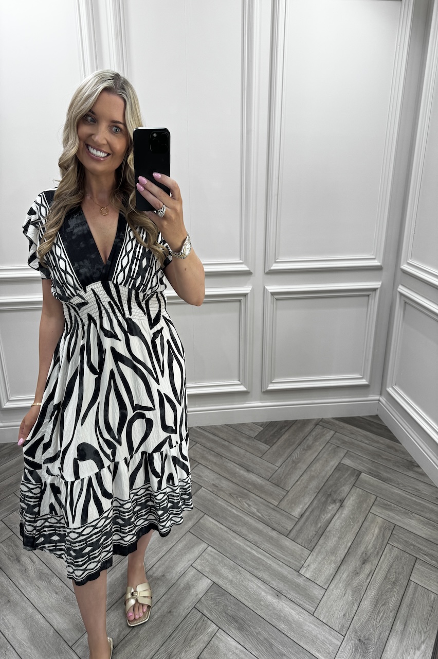 Darcie Black Shirred Midi Dress