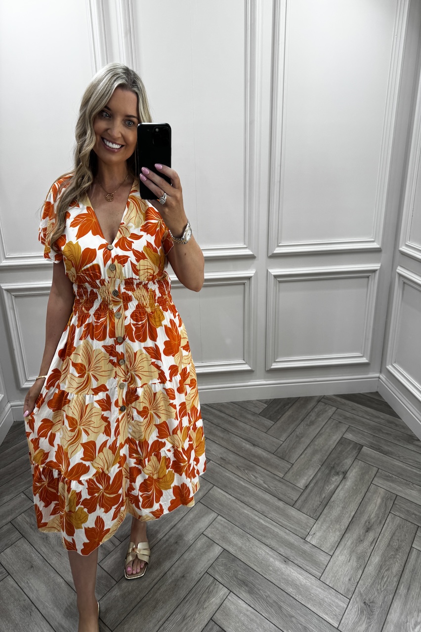 Raven Orange Shirred Midi Dress
