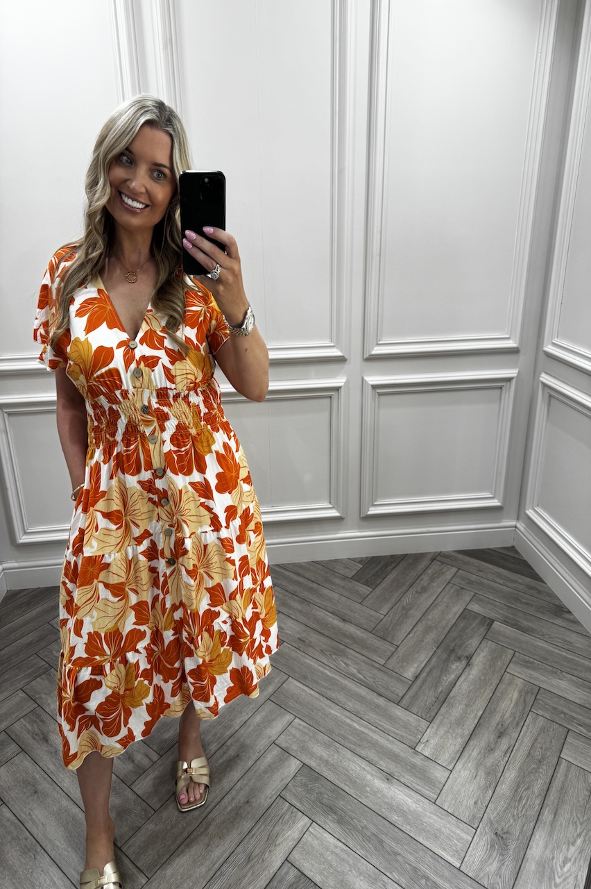 Raven Orange Shirred Midi Dress