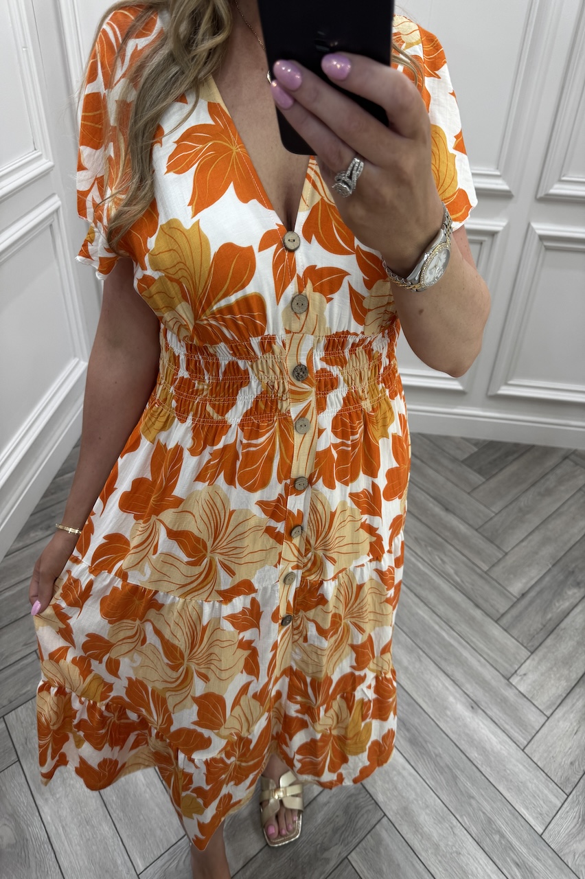 Raven Orange Shirred Midi Dress