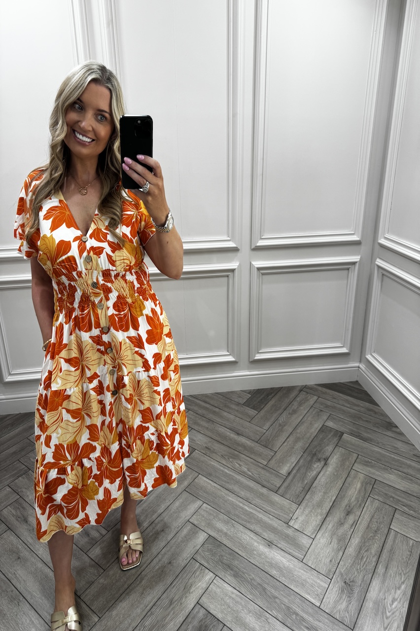 Raven Orange Shirred Midi Dress