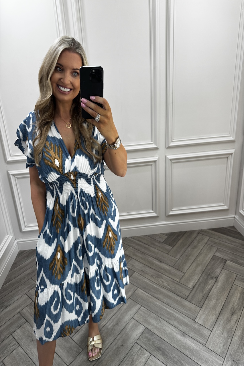 Miley Denim & Tan Shirred Midi Dress