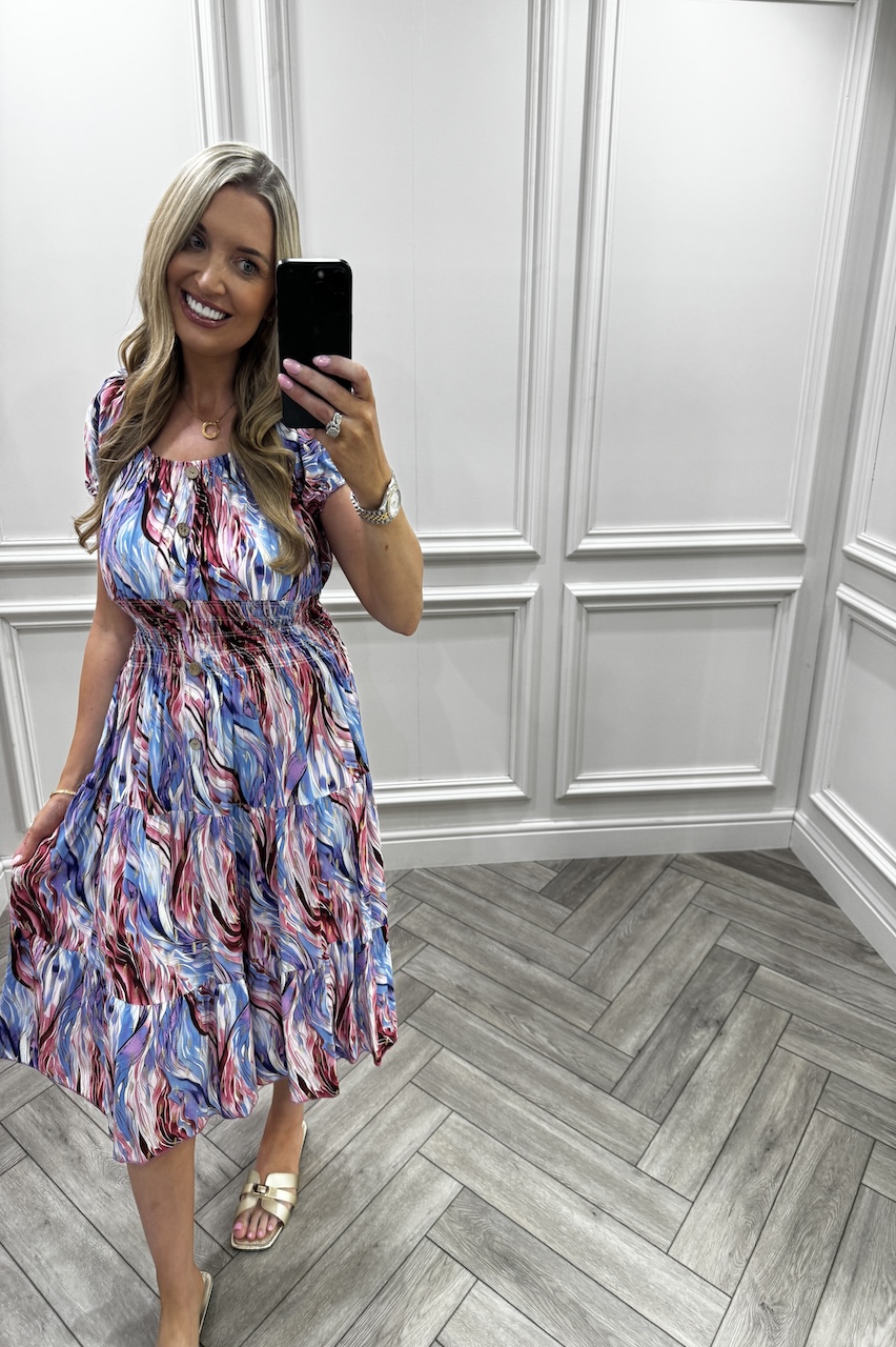Mikayla Blue & Pink Shirred Midi Dress