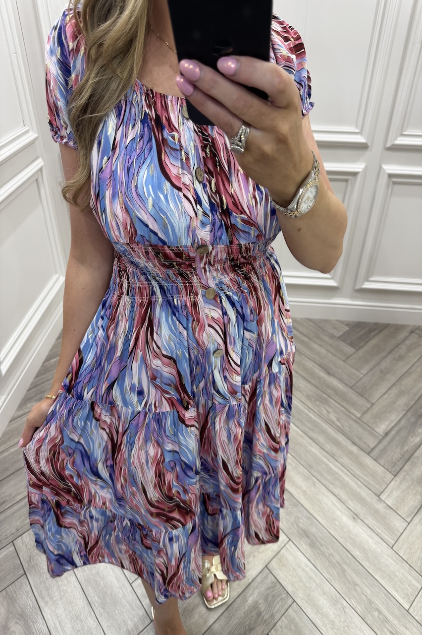 Mikayla Blue & Pink Shirred Midi Dress