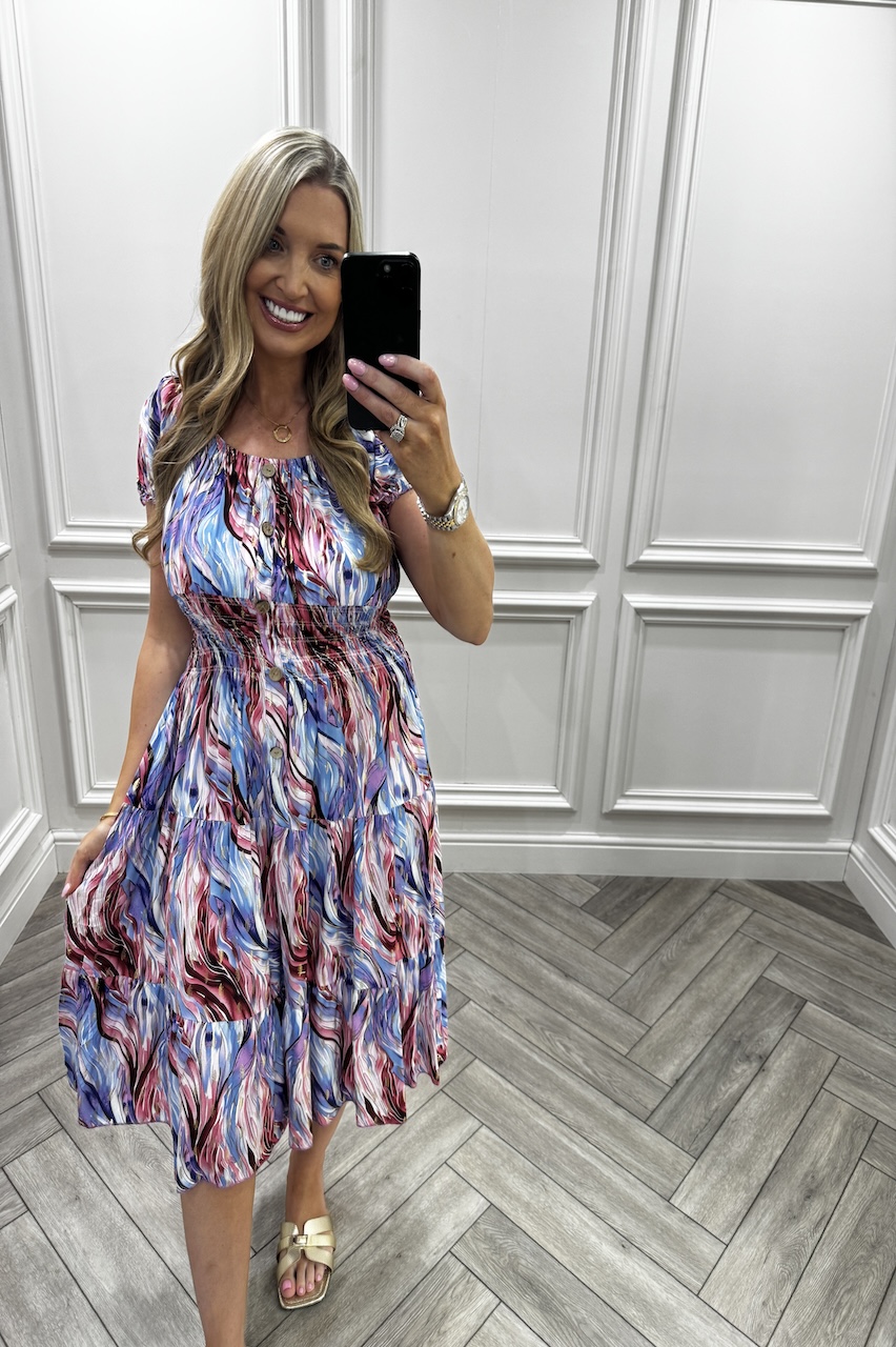 Mikayla Blue & Pink Shirred Midi Dress