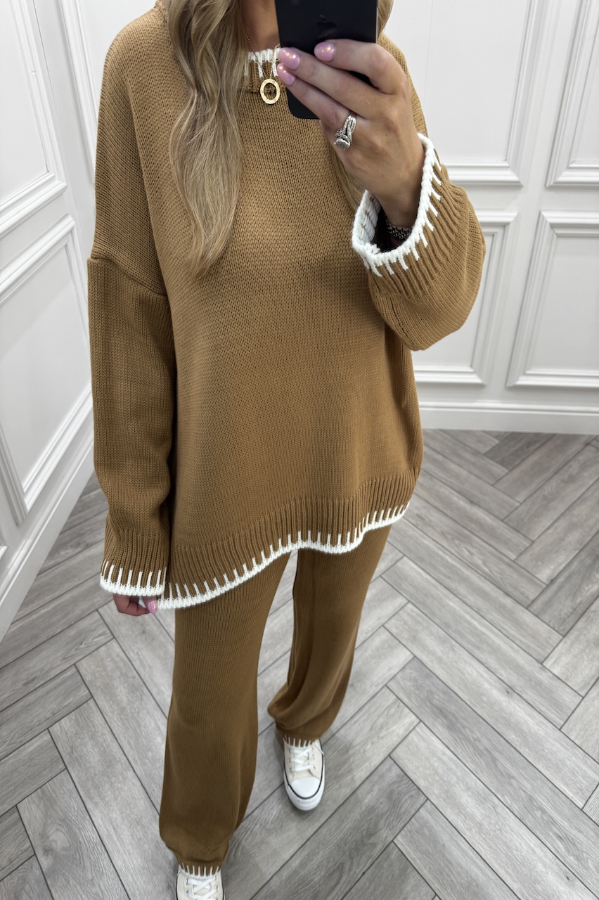 Lucia Tan Contrast Stitch Detail Loungewear Set