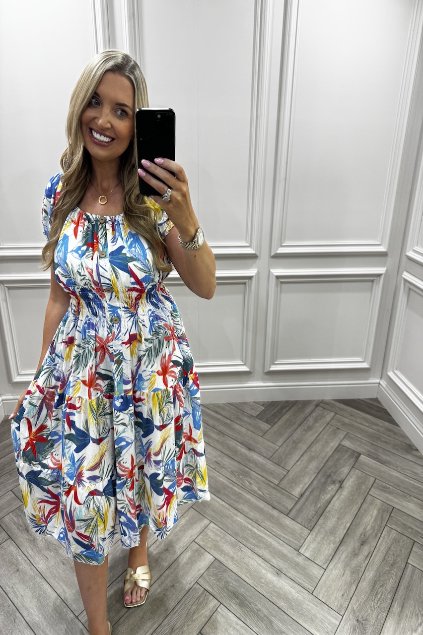 Blue Aloha Shirred Midi Dress
