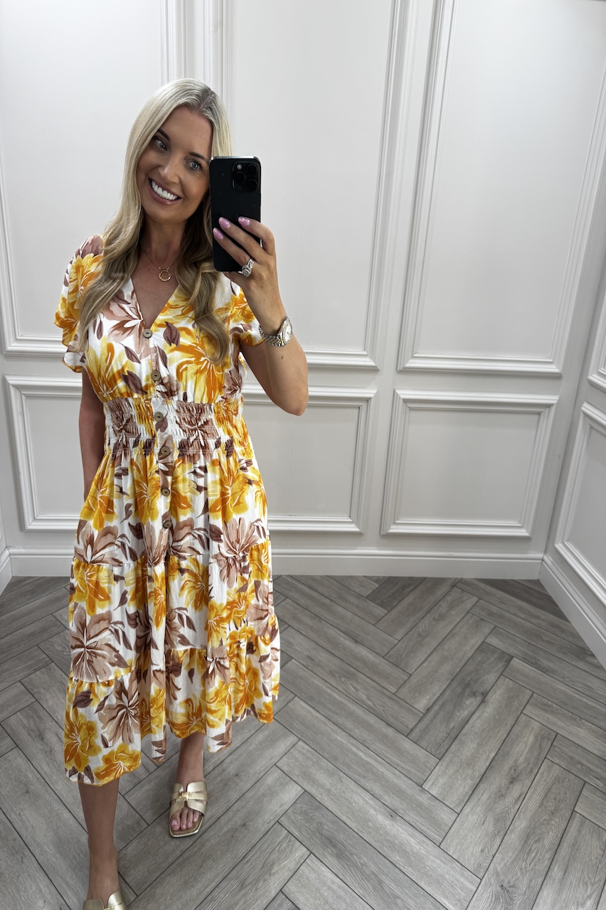 Quinn Yellow Shirred Midi Dress