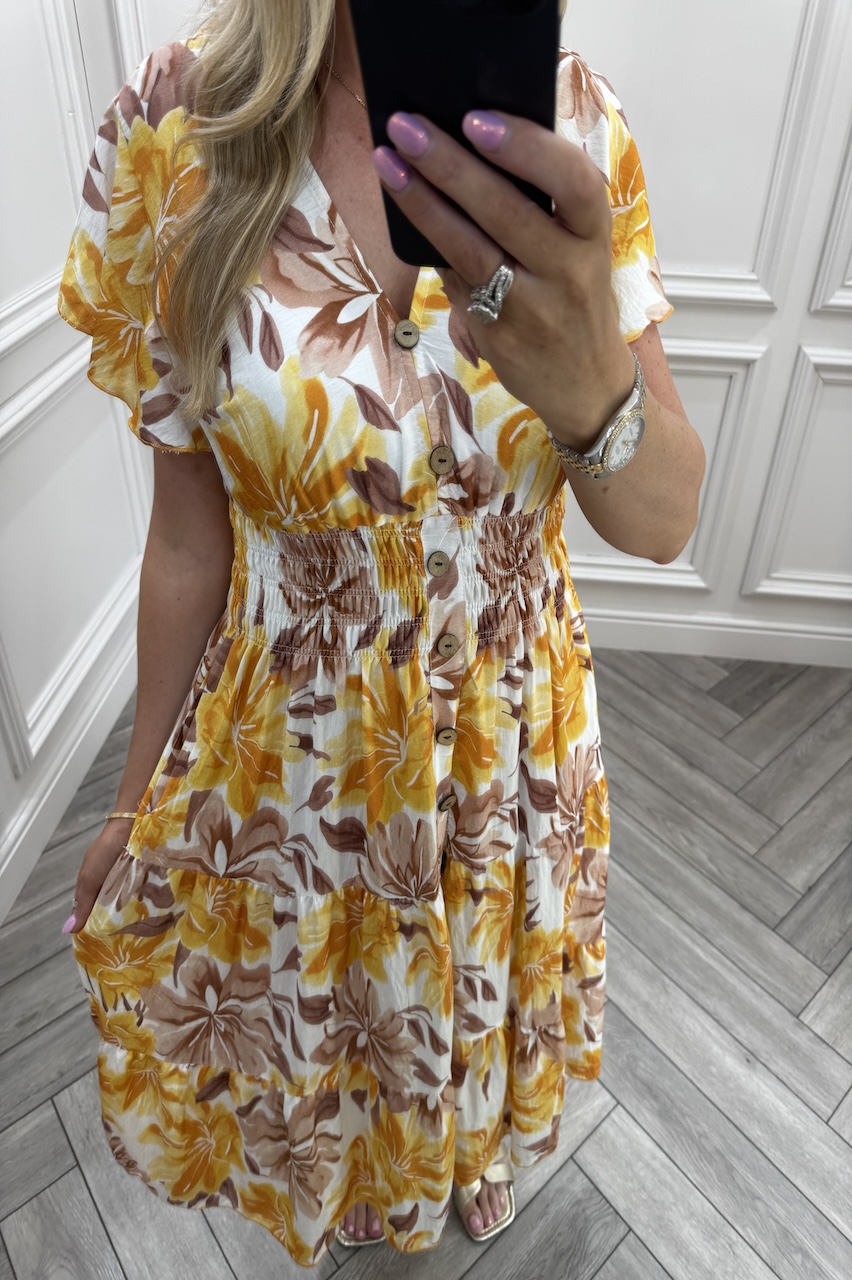 Quinn Yellow Shirred Midi Dress