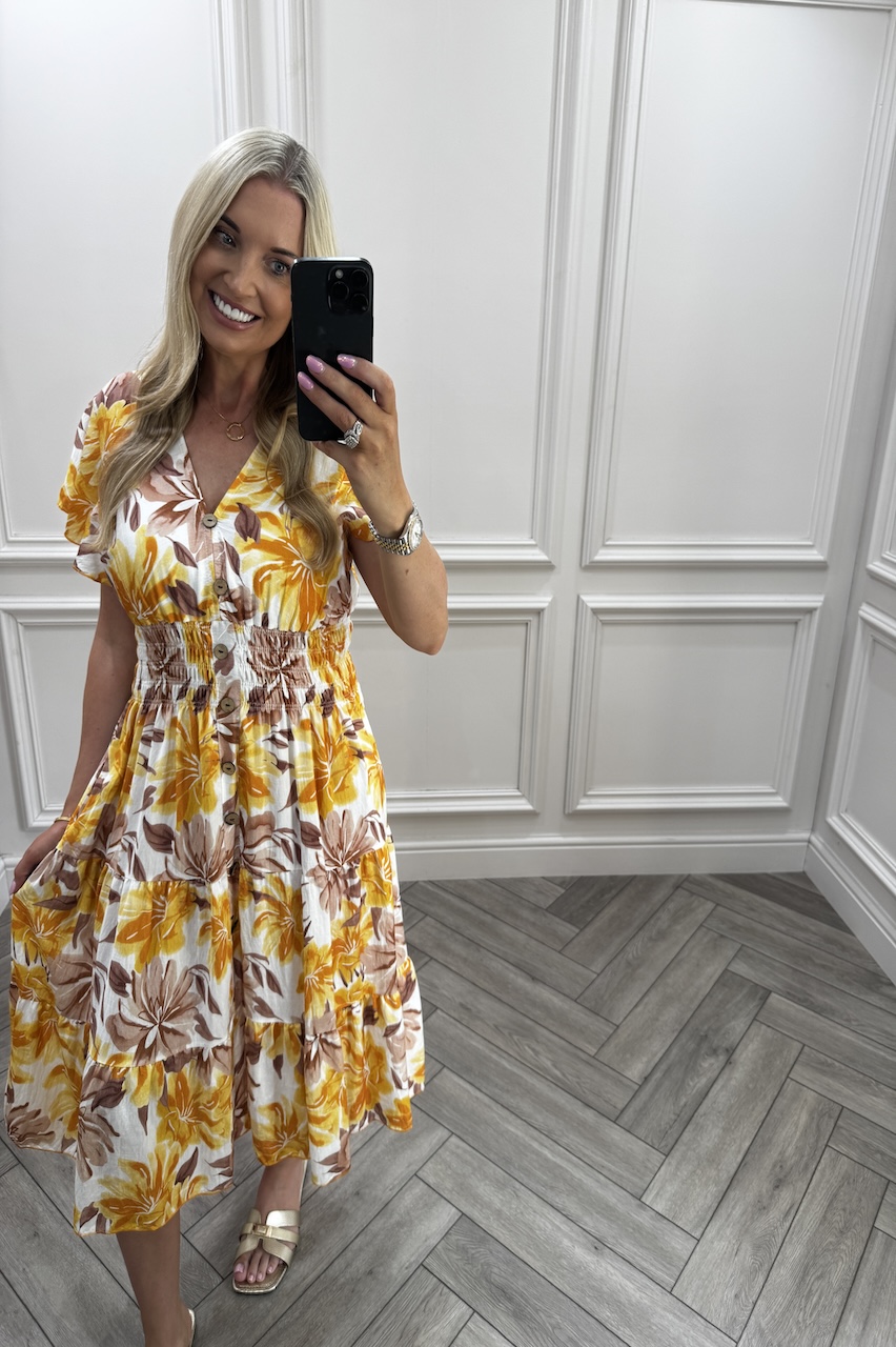 Quinn Yellow Shirred Midi Dress