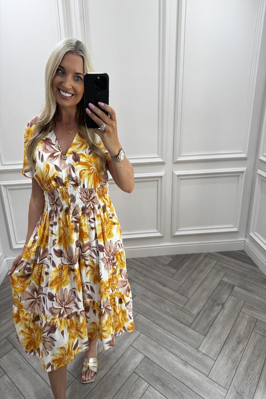 Quinn Yellow Shirred Midi Dress