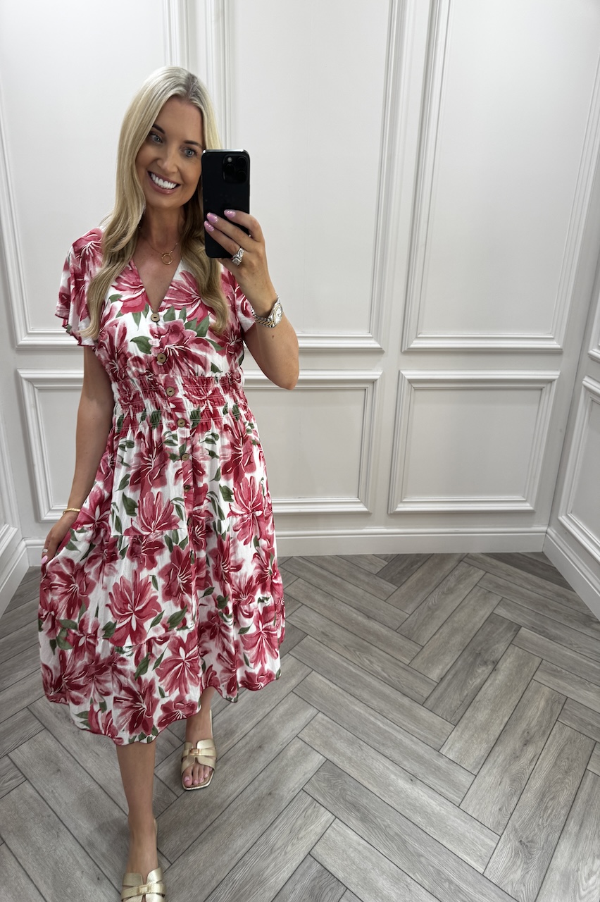 Quinn Red Shirred Midi Dress